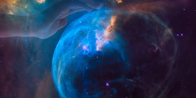 Bubble Nebula, imaged by Hubble Space Telescope, with hand superimposed