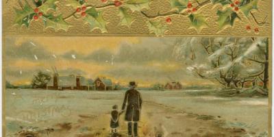 christmas card with man holding child's hand in the countryside