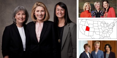 collage of women's presidencies for the Church of Jesus Christ of Latter-day Saints and a United States of America map illustration with the state of Utah filled in with red color