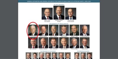 Screenshot of the April 2023 leadership chart for The Church of Jesus-Christ of Latter-day Saints, featuring Elder M. Russell Ballard and the Quorum of the Twelve Apostles