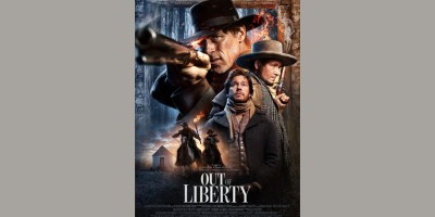 Movie poster featuring the main characters in the mormon-themed movie Out of Liberty