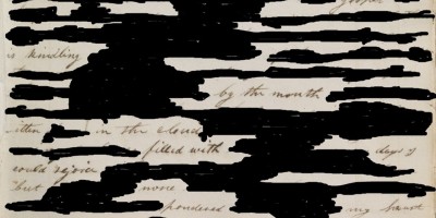A portion of the 1832 account of Joseph Smith's First Vision, with text blacked out to create a Mormon erasure poem